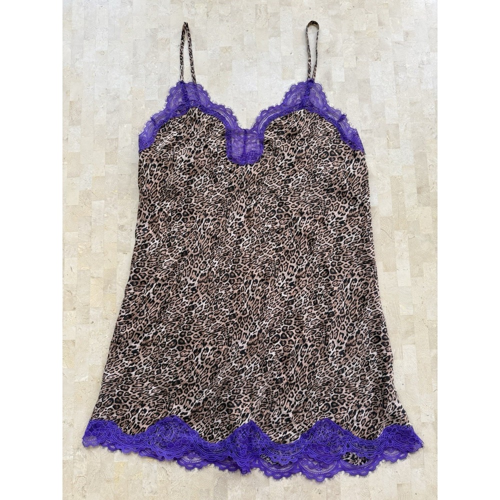 Victorias Secret‎ Silk Leopard Purple Lace Mini Slip Dress Coquette Grunge Y2K L - Picture 2 of 9